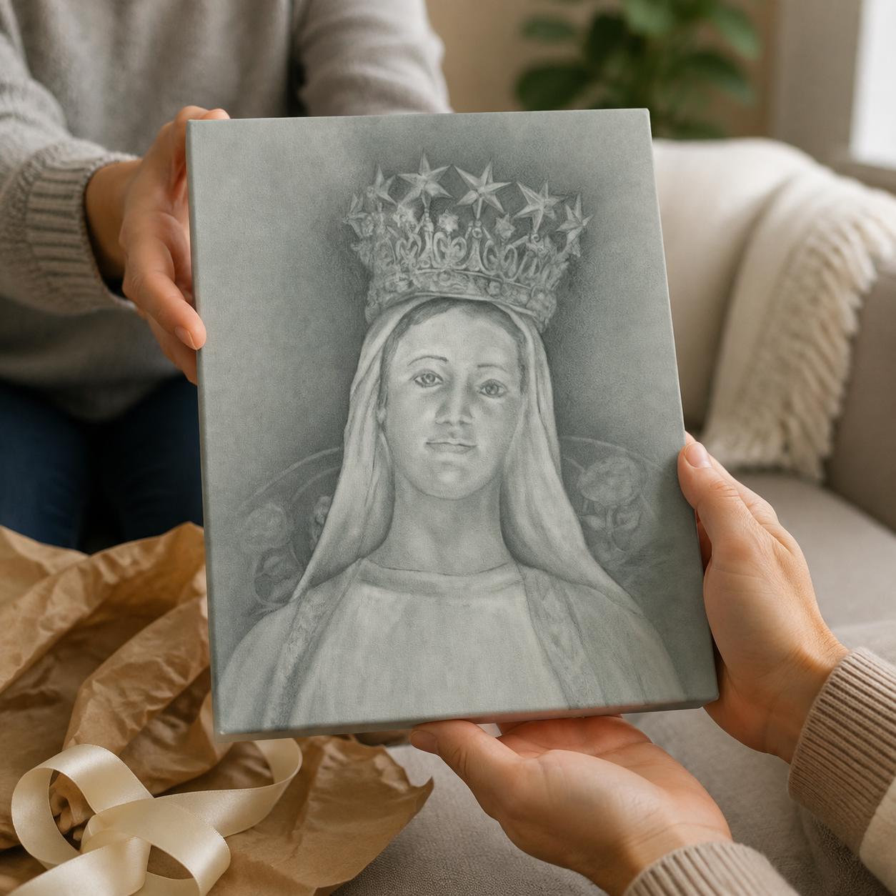 Our Lady of Champion canvas print, sacred art sketch of the crowned Virgin Mary by Brian Kelliher — Catholic gift from Glory Be Gifts – view 5