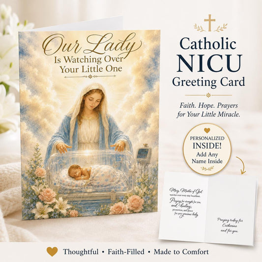 Personalized NICU prayer card, Our Lady watching over baby in incubator — Catholic gift from Glory Be Gifts