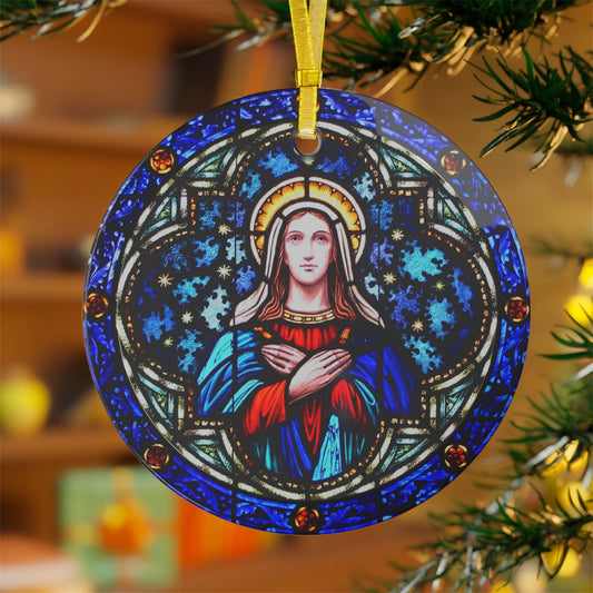Mother Mary Stained Glass Ornament, Catholic Christmas Ornament Gift for Mom Grandma Dad, Catholic Tree Trimming Home Decor
