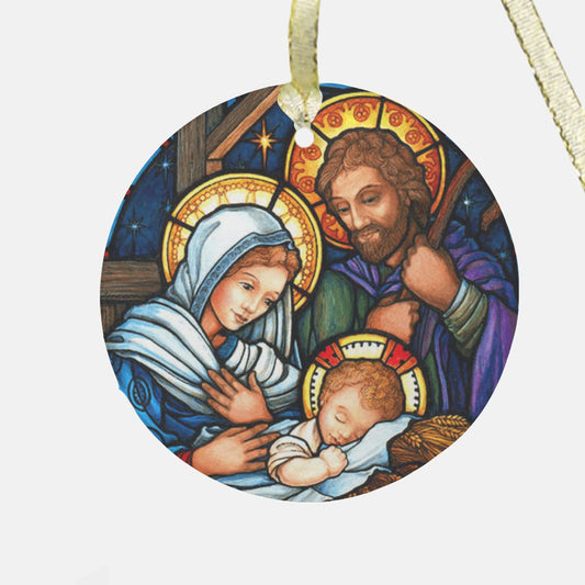 Holy Family Stained Glass Style Catholic Christmas Ornament, Christmas ornament gift for mom grandma, Nativity screen ornament