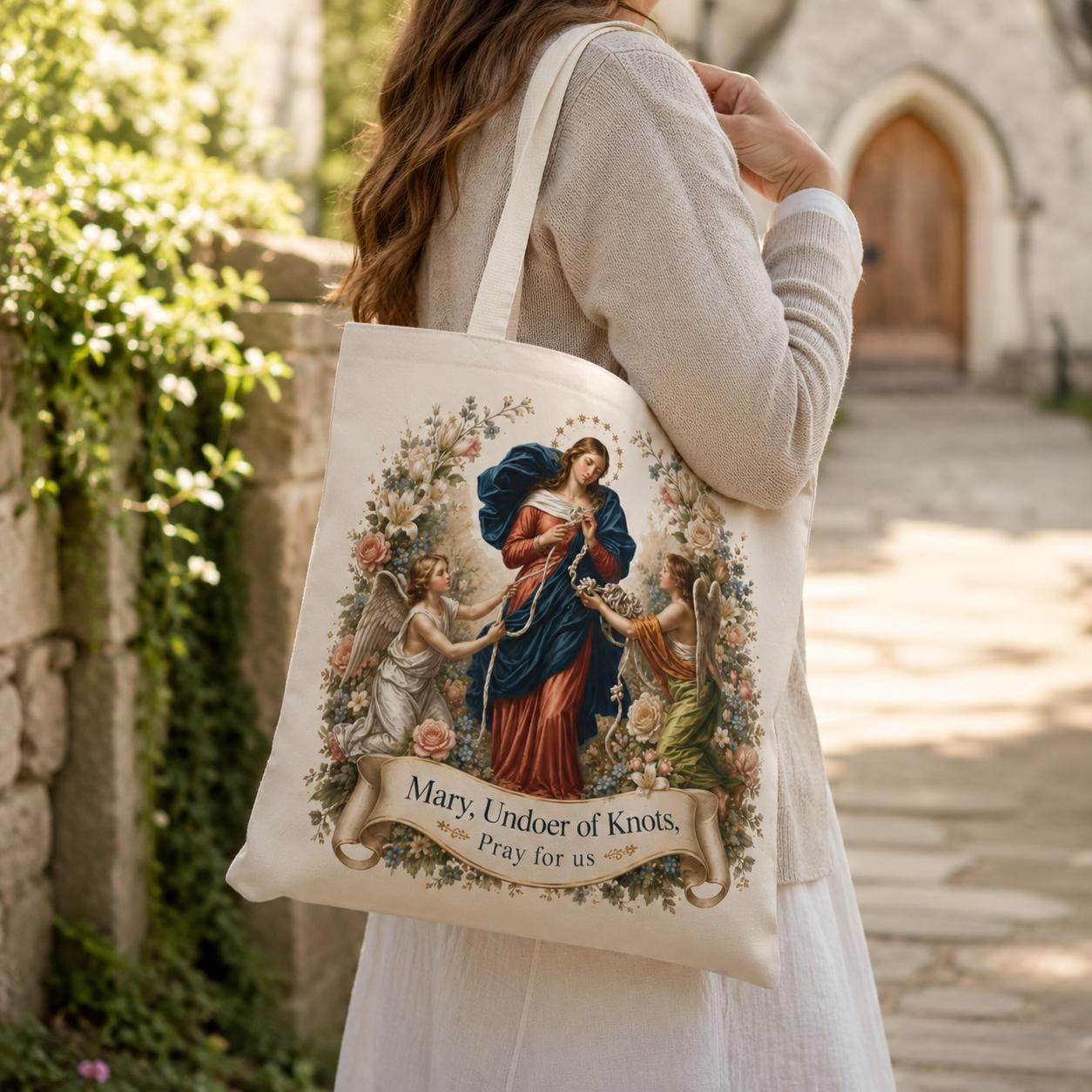 Mary Undoer of Knots Tote Bag, Catholic Marian Devotion Tote