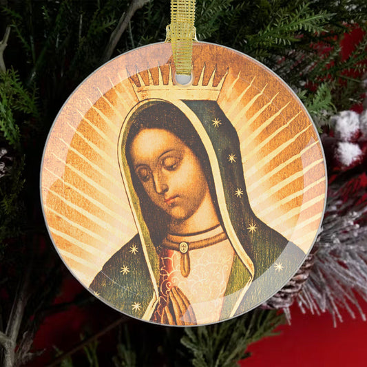 Our Lady of Guadalupe Catholic Glass Christmas Ornament, Mary Queen of Heaven Christmas Tree Trimming