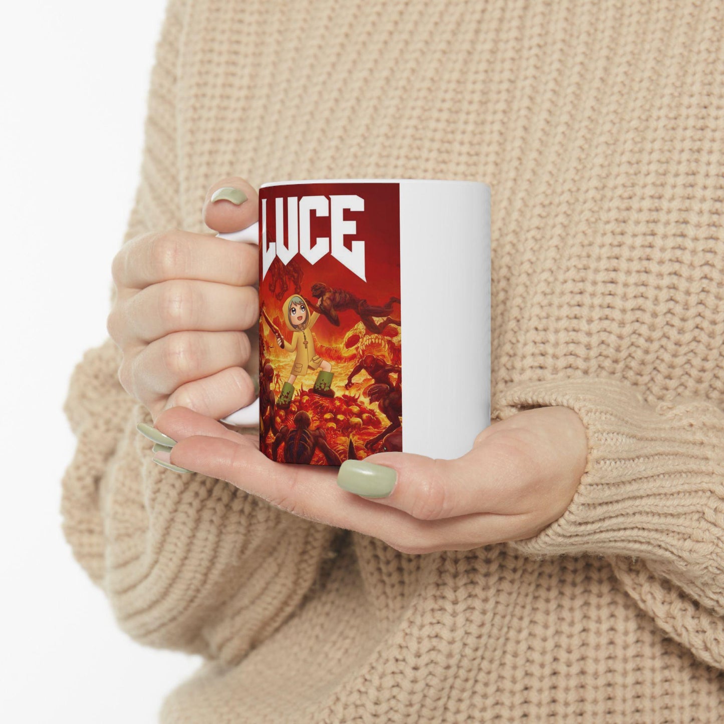 Luce DOOM ceramic mug, Catholic Jubilee Year mascot design — Catholic gift from Glory Be Gifts – view 5