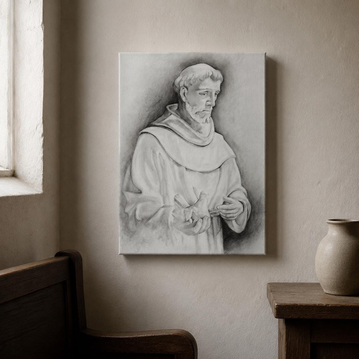 Saint Francis of Assisi canvas print, Franciscan habit with dove sacred art sketch — Catholic gift from Glory Be Gifts – view 6