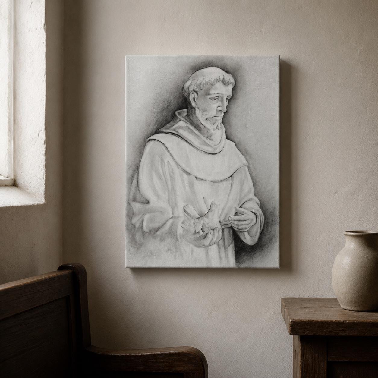 Saint Francis of Assisi canvas print, Franciscan habit with dove sacred art sketch — Catholic gift from Glory Be Gifts – view 6