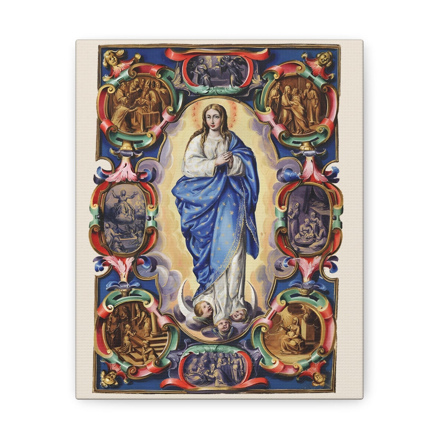 The Virgin of the Immaculate Conception Canvas, Annunciation Presentation and Visitation, Catholic Cartouch Mary Christmas Gift for wife