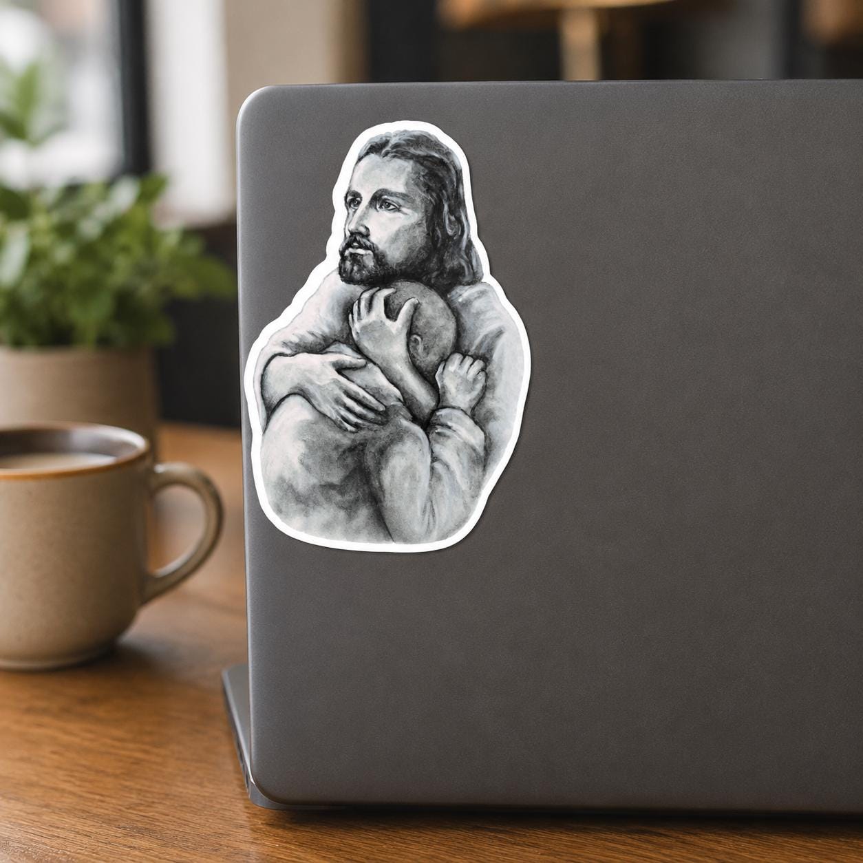 Jesus Comforting the Suffering Soul vinyl sticker, sacred art sketch by Brian Kelliher — Catholic gift from Glory Be Gifts – view 2