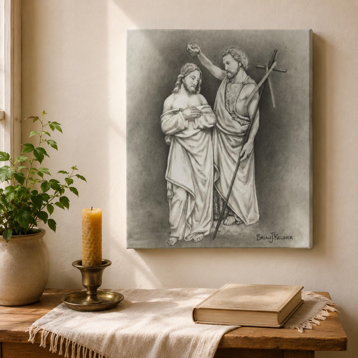 Baptism of Christ canvas print, sacred art sketch of John the Baptist and Jesus by Brian Kelliher — Catholic gift from Glory Be Gifts – view 4