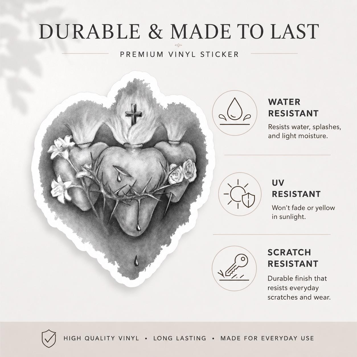 Three Hearts sticker of the Holy Family — Sacred Heart of Jesus, Immaculate Heart of Mary, Chaste Heart of Joseph — sacred art by Brian Kelliher, Catholic gift from Glory Be Gifts – view 4