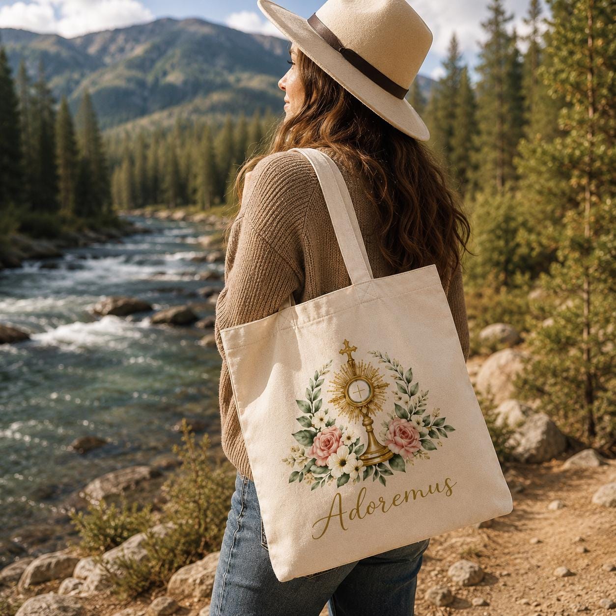 Catholic Tote Bag Adoremus Monstrance, Eucharistic Adoration Canvas Tote