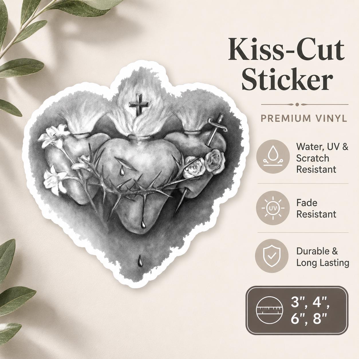 Three Hearts sticker of the Holy Family — Sacred Heart of Jesus, Immaculate Heart of Mary, Chaste Heart of Joseph — sacred art by Brian Kelliher, Catholic gift from Glory Be Gifts – view 2