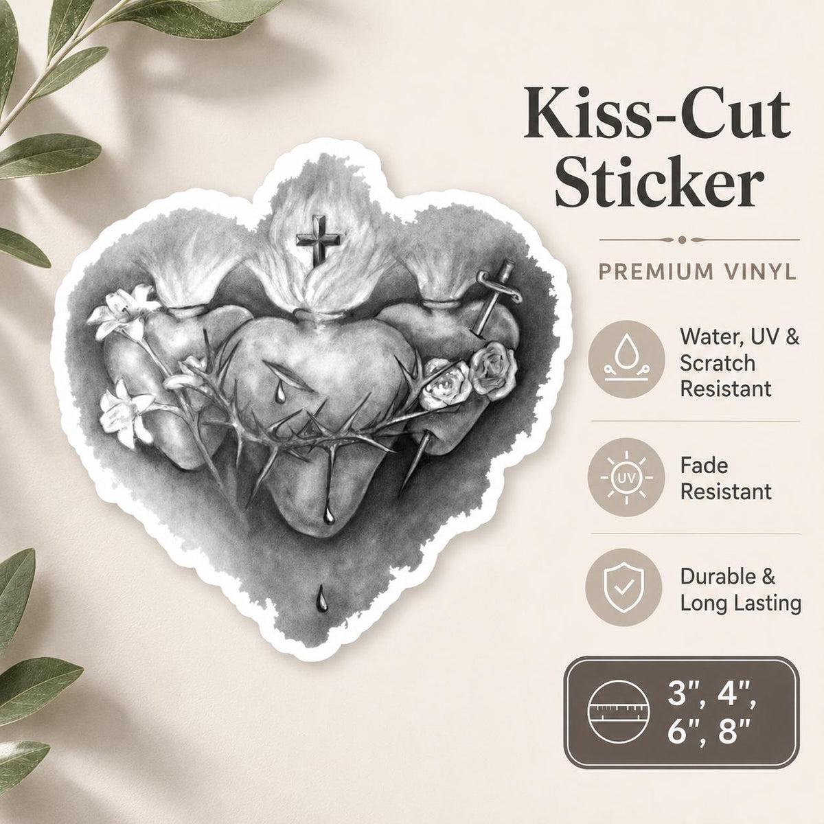 Three Hearts sticker of the Holy Family — Sacred Heart of Jesus, Immaculate Heart of Mary, Chaste Heart of Joseph — sacred art by Brian Kelliher, Catholic gift from Glory Be Gifts – view 2