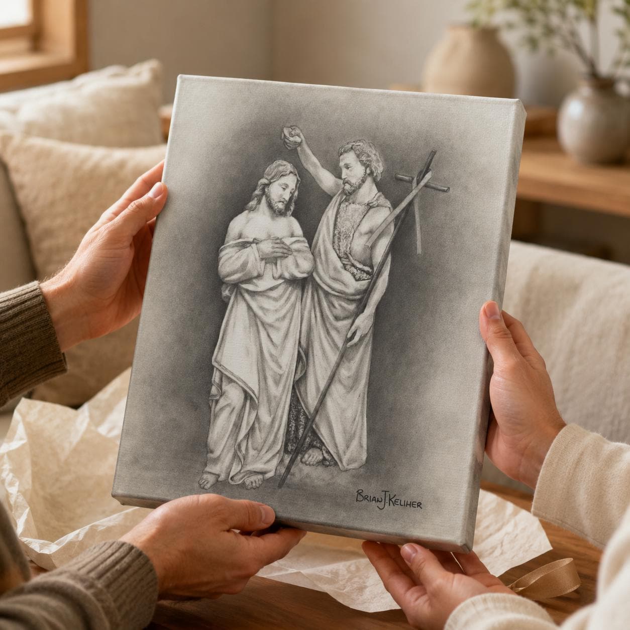 Baptism of Christ canvas print, sacred art sketch of John the Baptist and Jesus by Brian Kelliher — Catholic gift from Glory Be Gifts – view 2