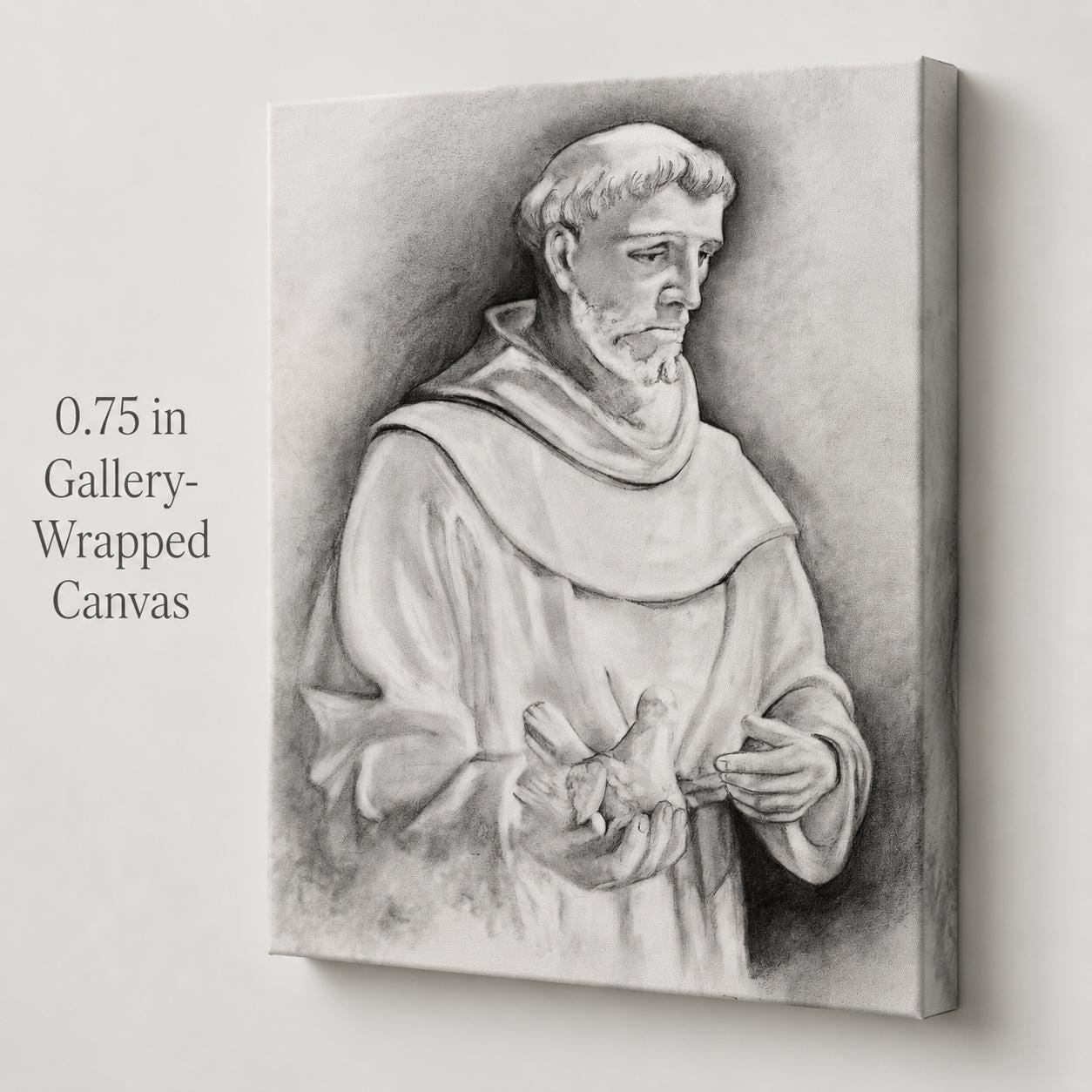 Saint Francis of Assisi canvas print, Franciscan habit with dove sacred art sketch — Catholic gift from Glory Be Gifts – view 9