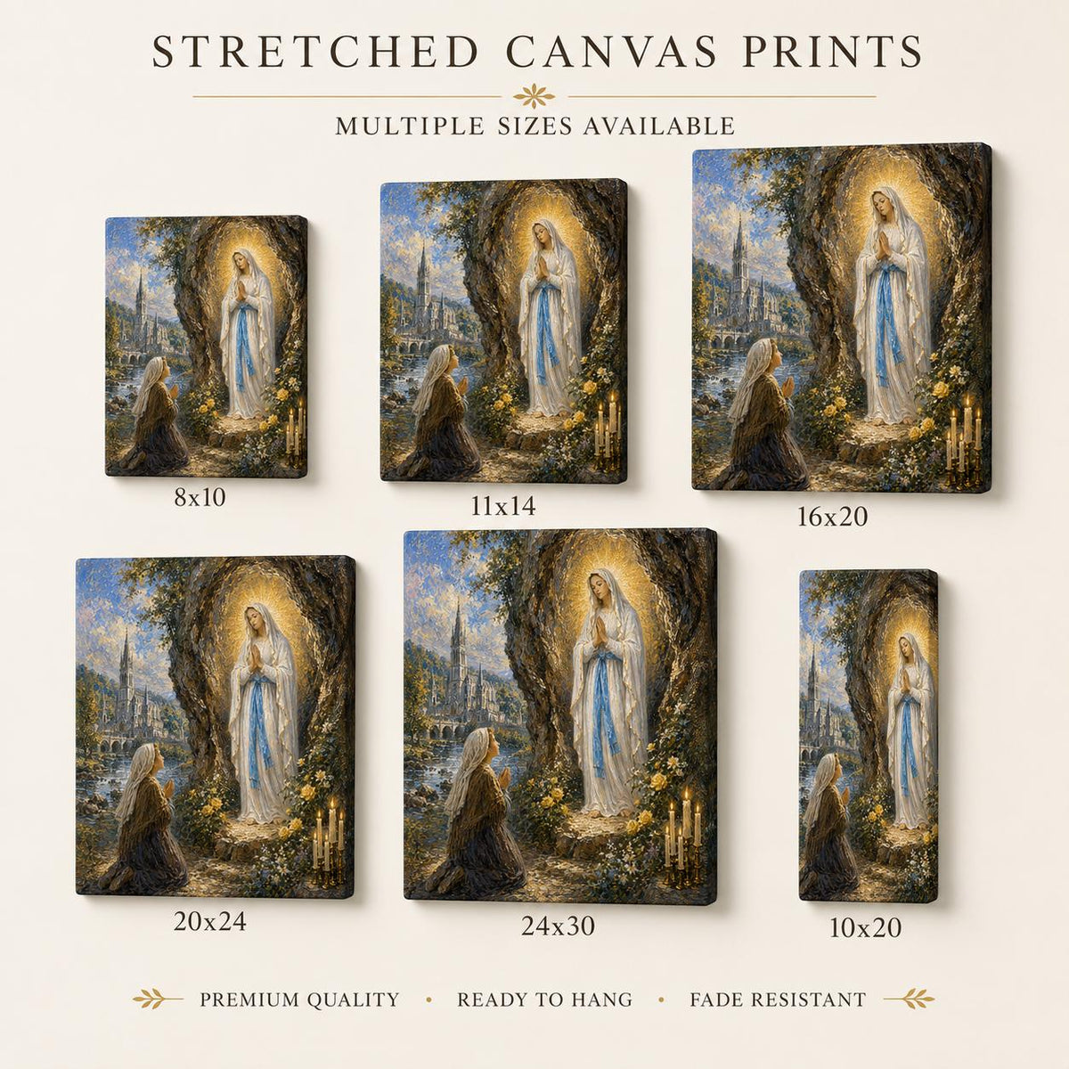 Our Lady of Lourdes canvas print, apparition to St. Bernadette at the grotto — Catholic gift from Glory Be Gifts – view 2
