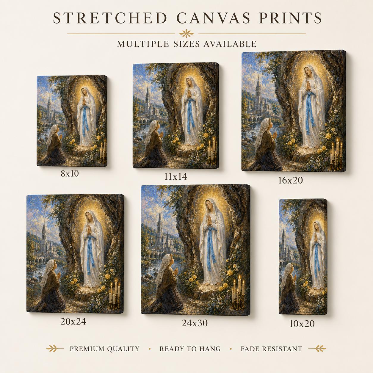 Our Lady of Lourdes canvas print, apparition to St. Bernadette at the grotto — Catholic gift from Glory Be Gifts – view 2