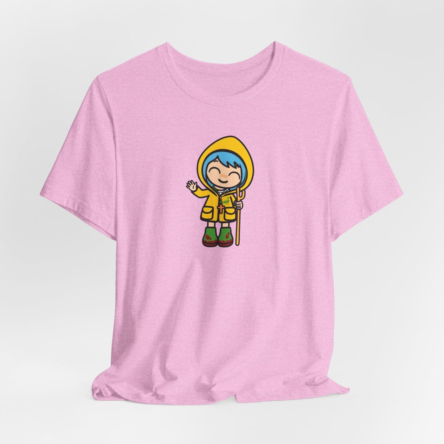 Luce waving Catholic Jubilee mascot unisex tee shirt design — Catholic gift from Glory Be Gifts – view 5