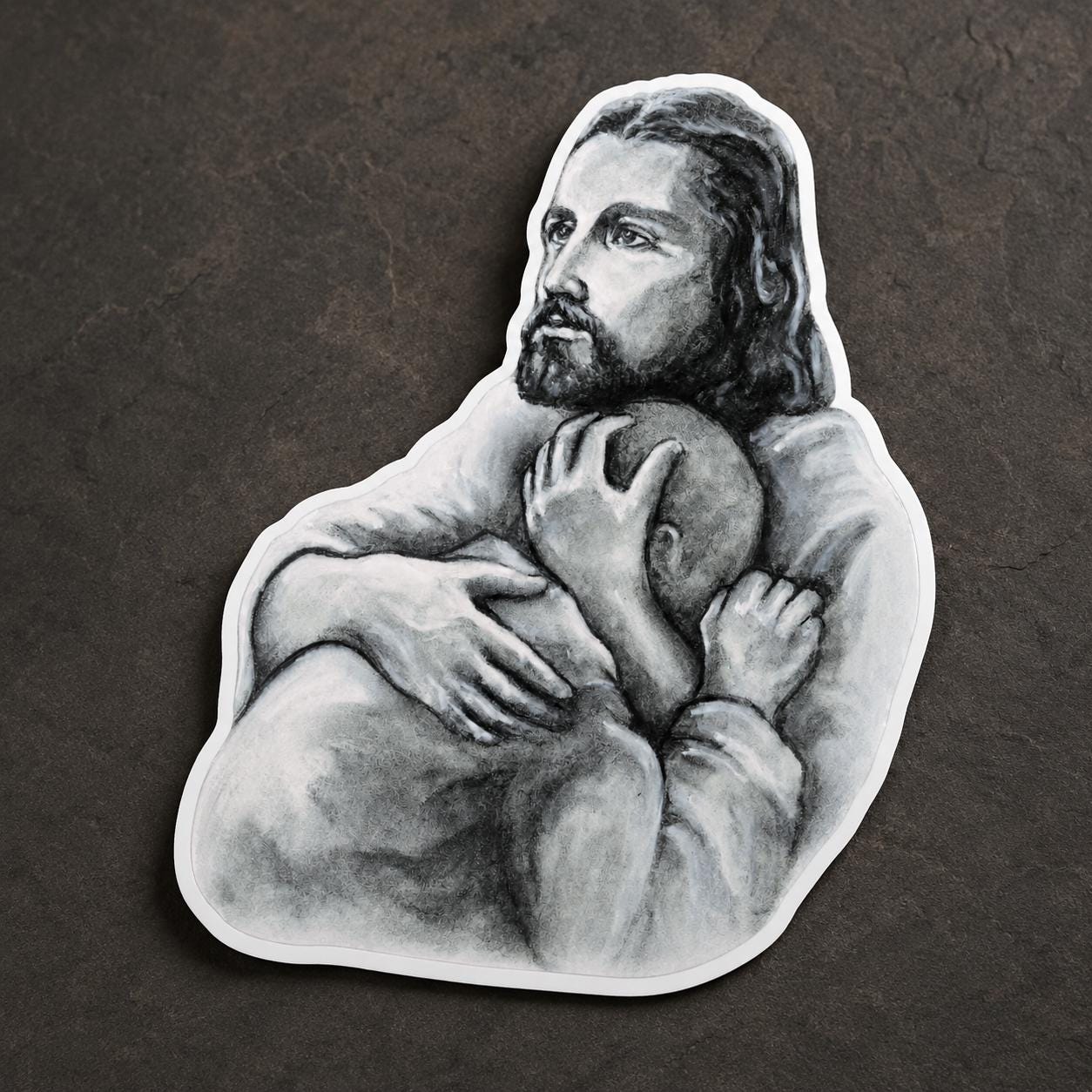 Jesus Comforting the Suffering Soul vinyl sticker, sacred art sketch by Brian Kelliher — Catholic gift from Glory Be Gifts