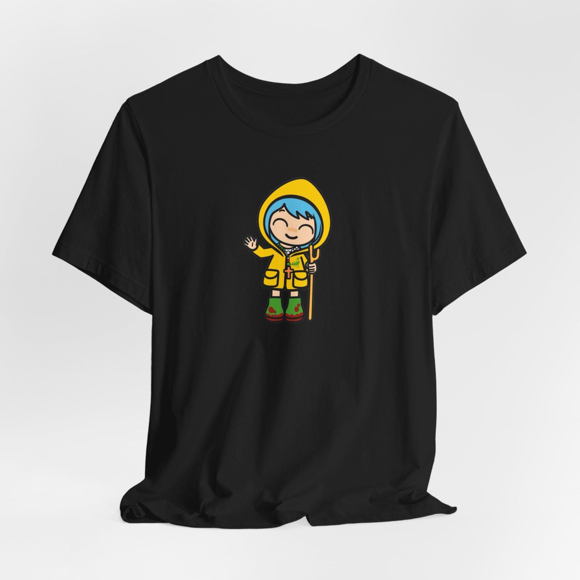 Luce waving Catholic Jubilee mascot unisex tee shirt design — Catholic gift from Glory Be Gifts – view 4