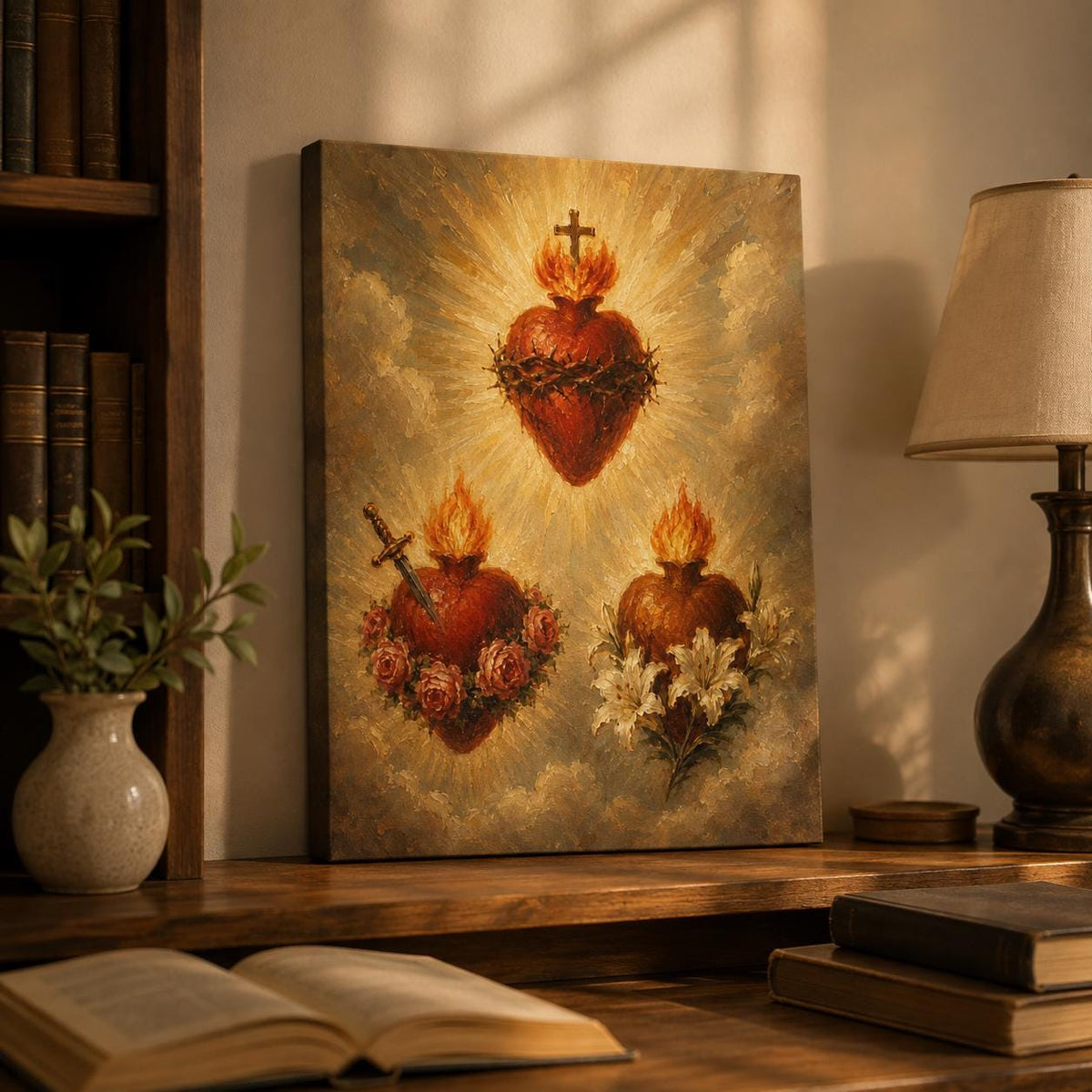 Three Hearts canvas print of the Holy Family — Sacred Heart of Jesus, Immaculate Heart of Mary, Chaste Heart of Joseph — Catholic gift from Glory Be Gifts – view 3