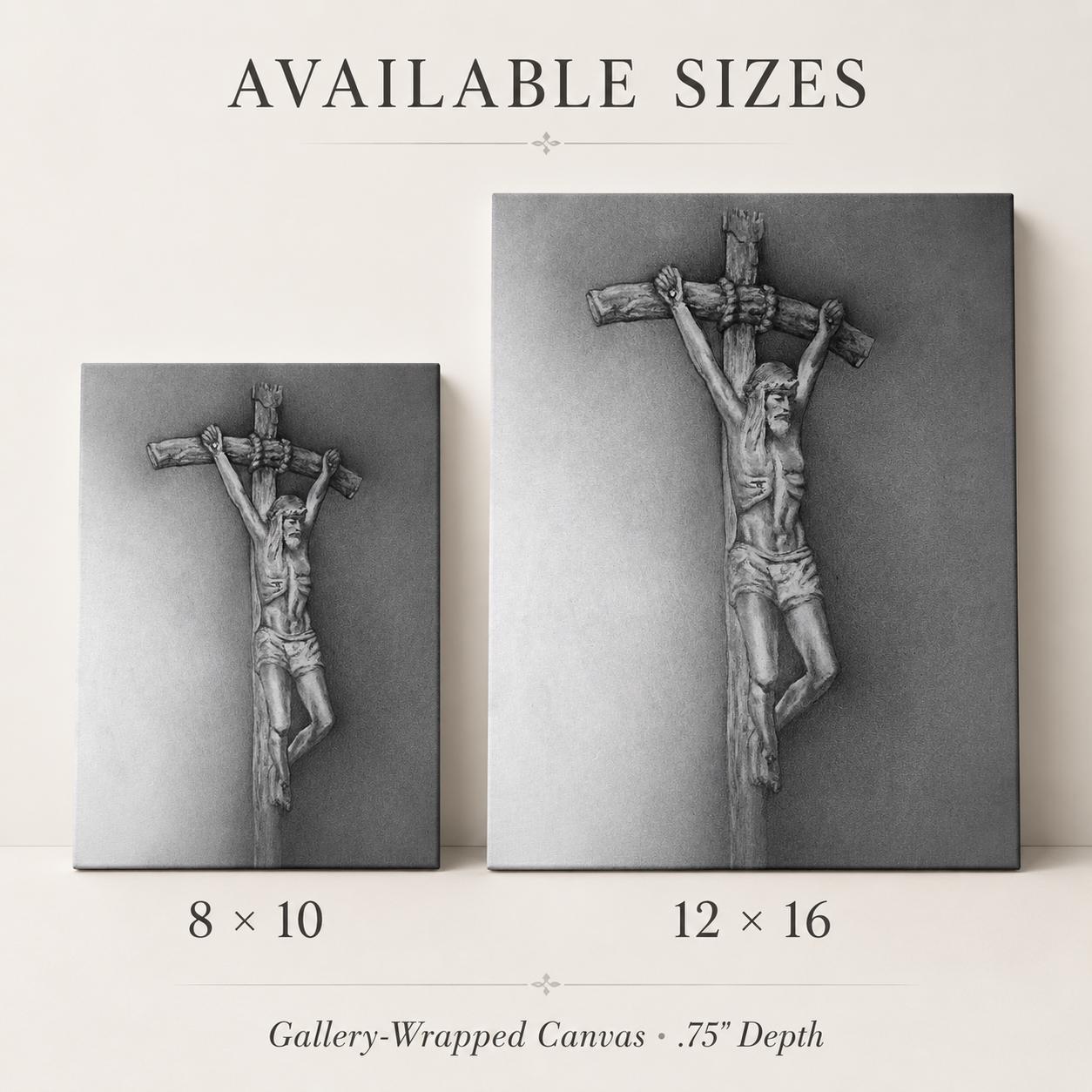 JPII Crucifix canvas print, statue-style sacred art sketch by Brian Kelliher — Catholic gift from Glory Be Gifts – view 3