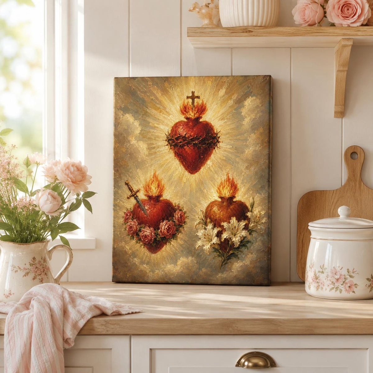 Three Hearts canvas print of the Holy Family — Sacred Heart of Jesus, Immaculate Heart of Mary, Chaste Heart of Joseph — Catholic gift from Glory Be Gifts – view 5