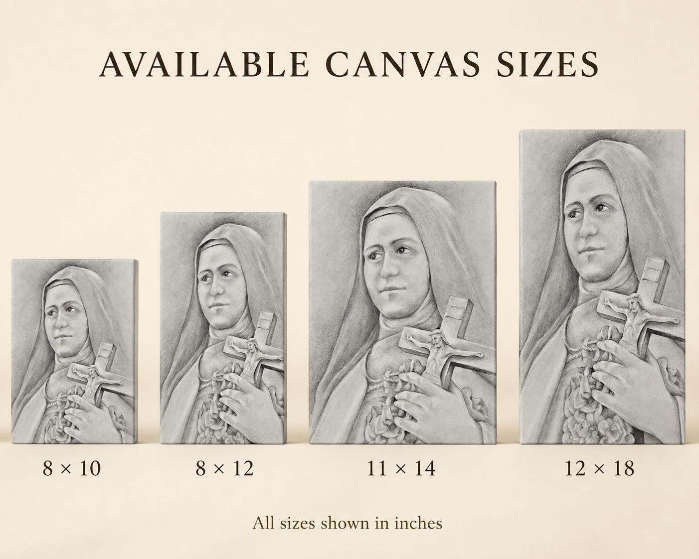 Saint Thérèse of Lisieux canvas print, the Little Flower holding a rose-wrapped crucifix, sacred art by Brian Kelliher — Catholic gift from Glory Be Gifts – view 2