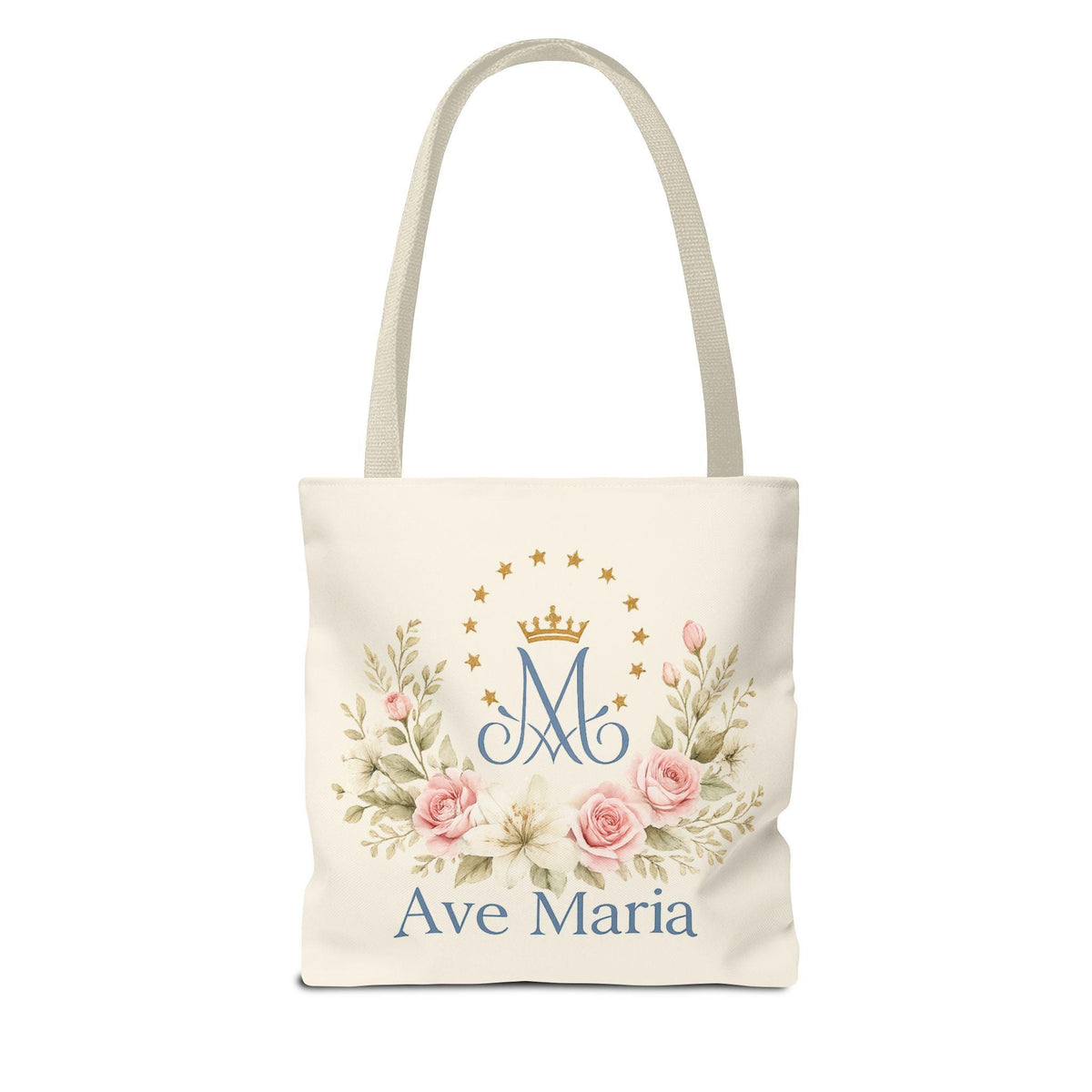 Ave Maria canvas tote bag with watercolor Marian monogram design — Catholic gift from Glory Be Gifts – view 3