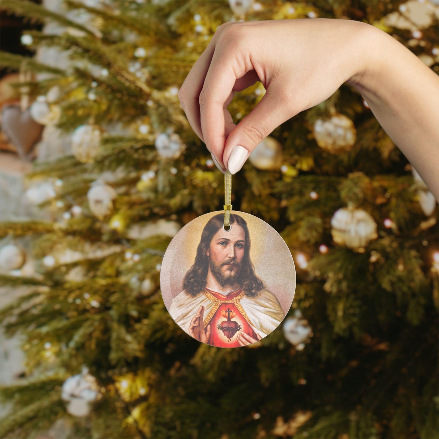 Sacred Heart of Jesus Catholic Glass Christmas Ornament,  Christmas Gift for Wife Mother Grandma Sister, Christ the King