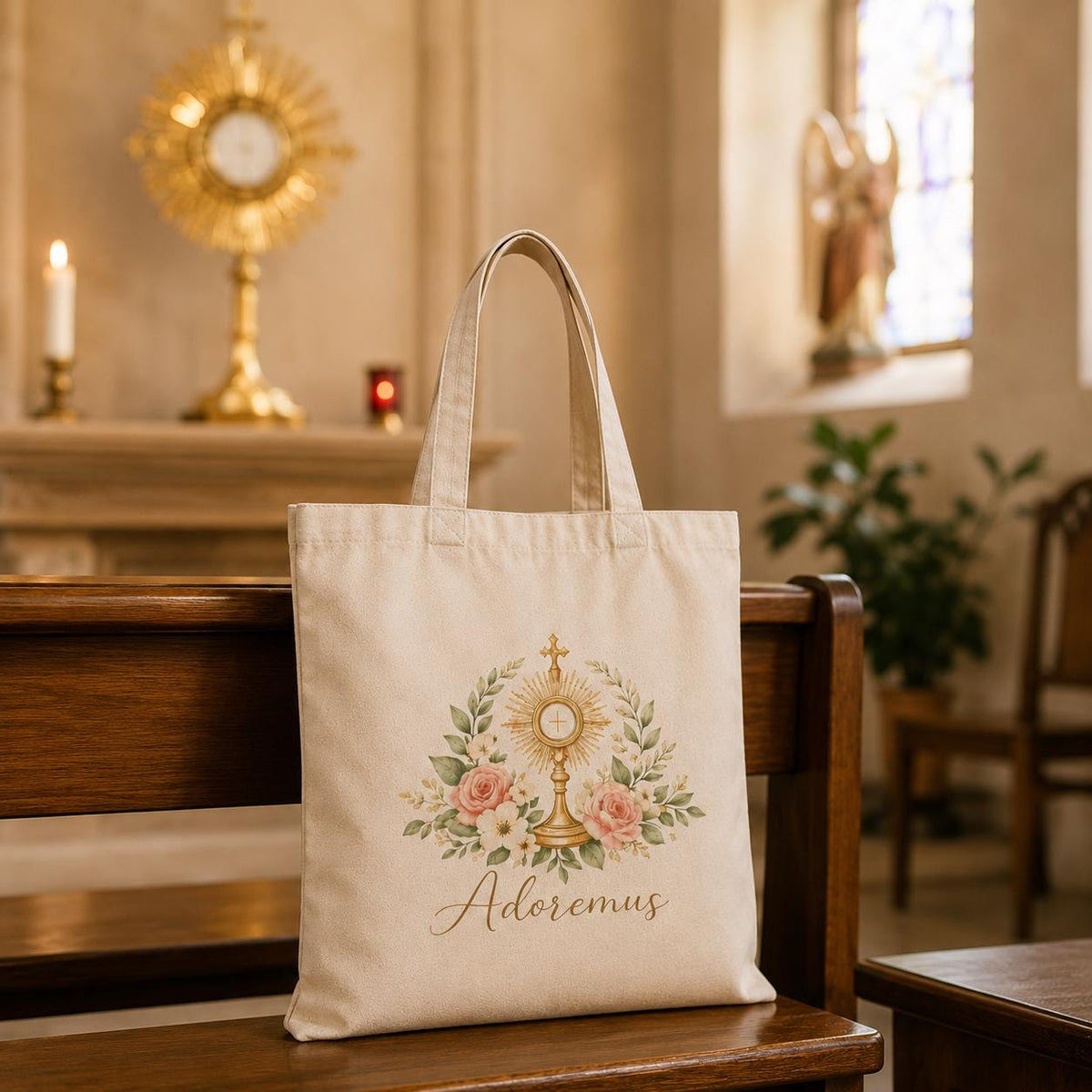 Catholic Tote Bag Adoremus Monstrance, Eucharistic Adoration Canvas Tote