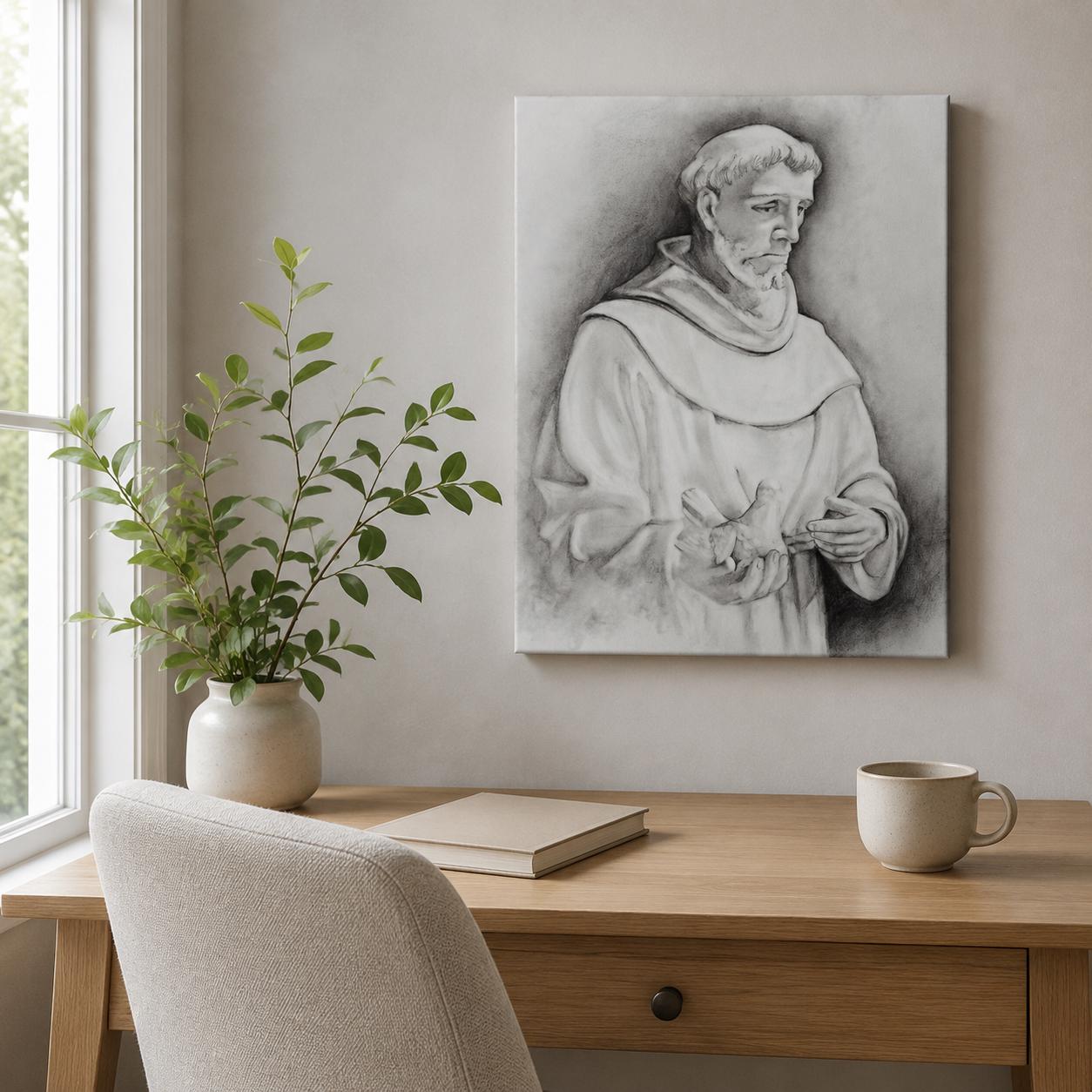 Saint Francis of Assisi canvas print, Franciscan habit with dove sacred art sketch — Catholic gift from Glory Be Gifts – view 7