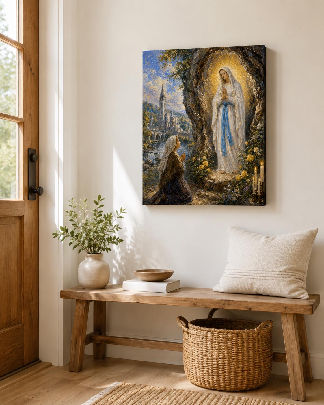Our Lady of Lourdes canvas print, apparition to St. Bernadette at the grotto — Catholic gift from Glory Be Gifts – view 3