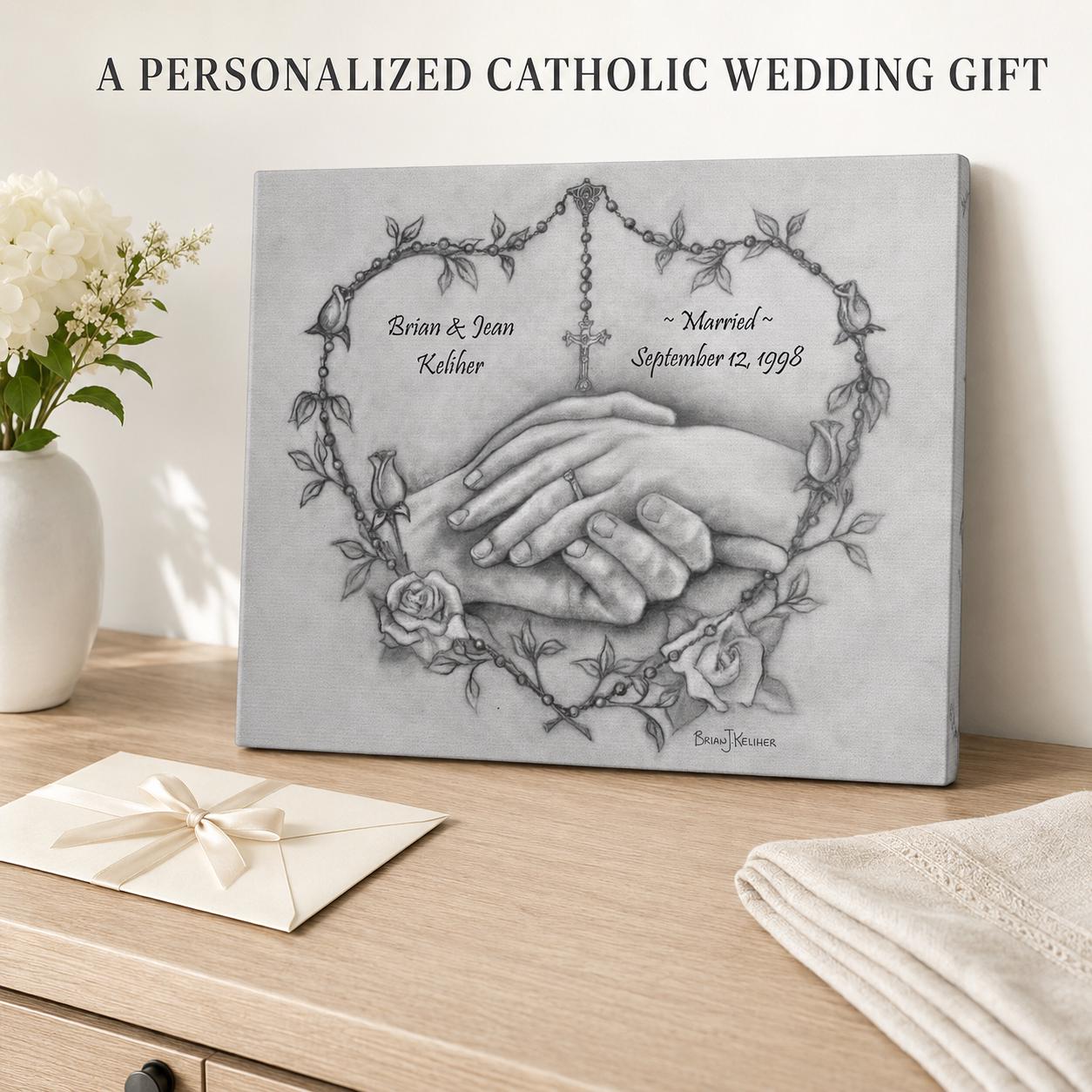 Personalized wedding canvas print, rosary heart and praying hands sacred art — Catholic gift from Glory Be Gifts – view 5