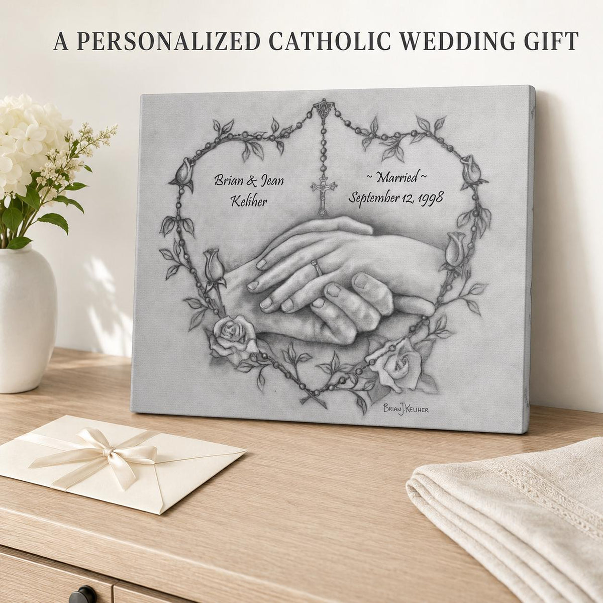 Personalized wedding canvas print, rosary heart and praying hands sacred art — Catholic gift from Glory Be Gifts – view 5