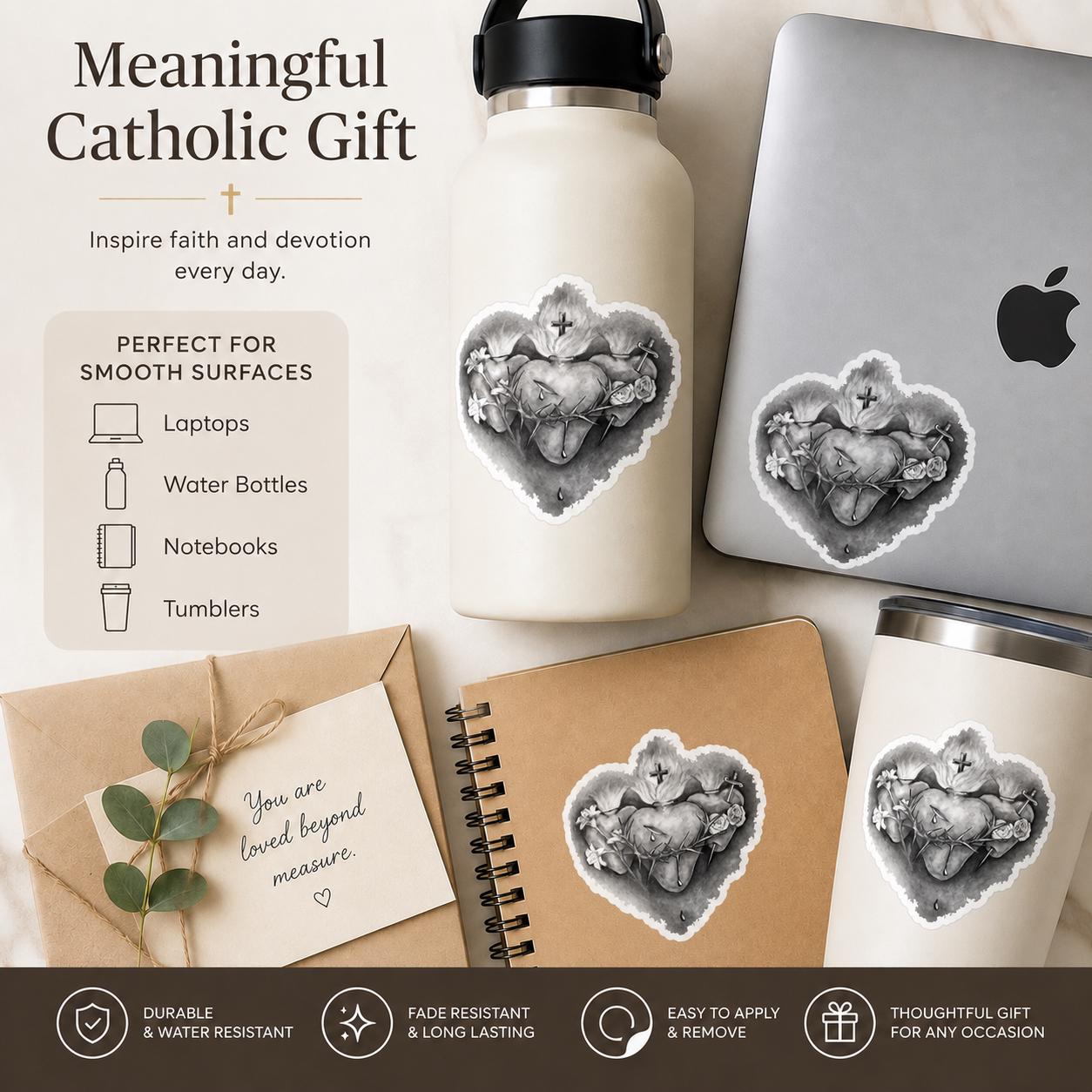 Three Hearts sticker of the Holy Family — Sacred Heart of Jesus, Immaculate Heart of Mary, Chaste Heart of Joseph — sacred art by Brian Kelliher, Catholic gift from Glory Be Gifts – view 5