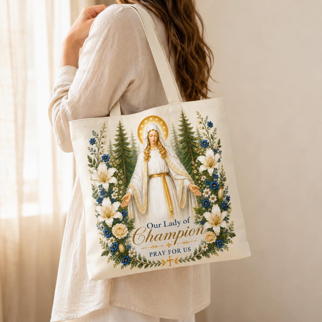 Our Lady of Champion Tote Bag, Catholic Pilgrimage Gift, Marian Shrine Tote