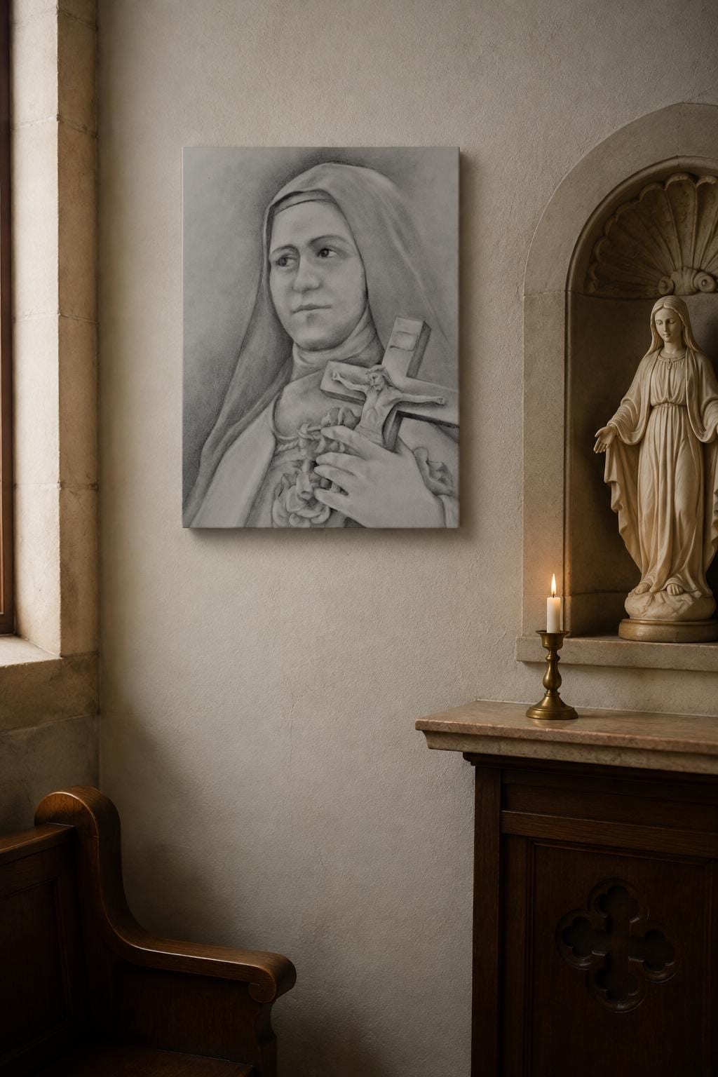 Saint Thérèse of Lisieux canvas print, the Little Flower holding a rose-wrapped crucifix, sacred art by Brian Kelliher — Catholic gift from Glory Be Gifts – view 5