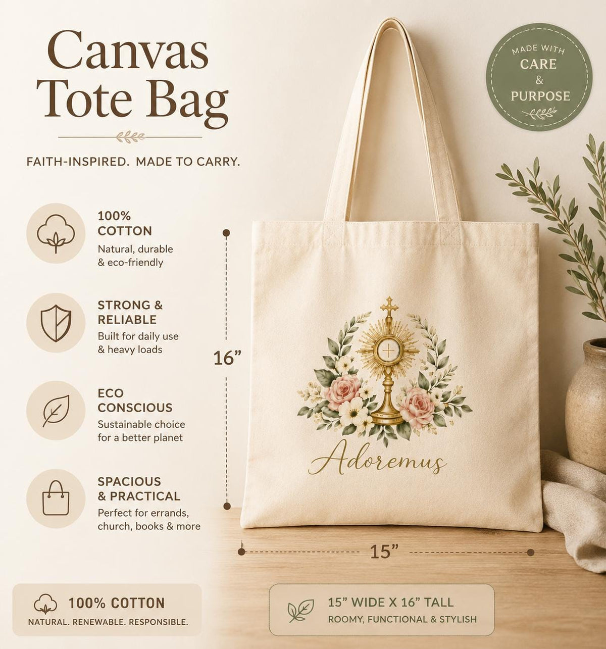 Adoremus Eucharistic Adoration Tote Bag, Catholic Canvas Tote