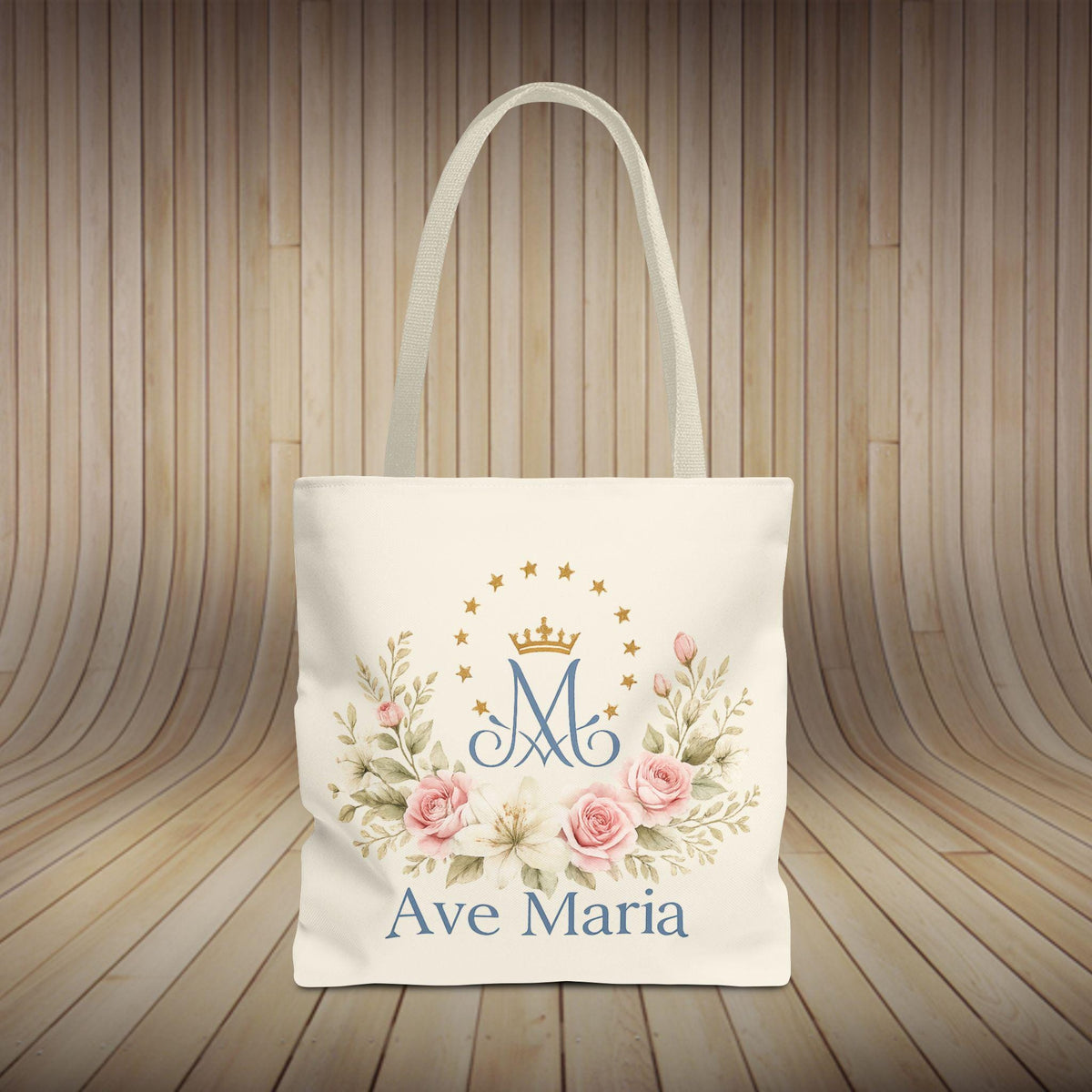 Ave Maria canvas tote bag with watercolor Marian monogram design — Catholic gift from Glory Be Gifts – view 2