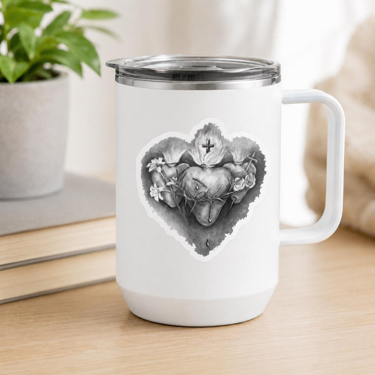 Three Hearts sticker of the Holy Family — Sacred Heart of Jesus, Immaculate Heart of Mary, Chaste Heart of Joseph — sacred art by Brian Kelliher, Catholic gift from Glory Be Gifts