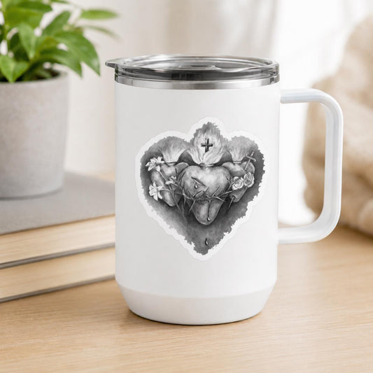 Three Hearts sticker of the Holy Family — Sacred Heart of Jesus, Immaculate Heart of Mary, Chaste Heart of Joseph — sacred art by Brian Kelliher, Catholic gift from Glory Be Gifts