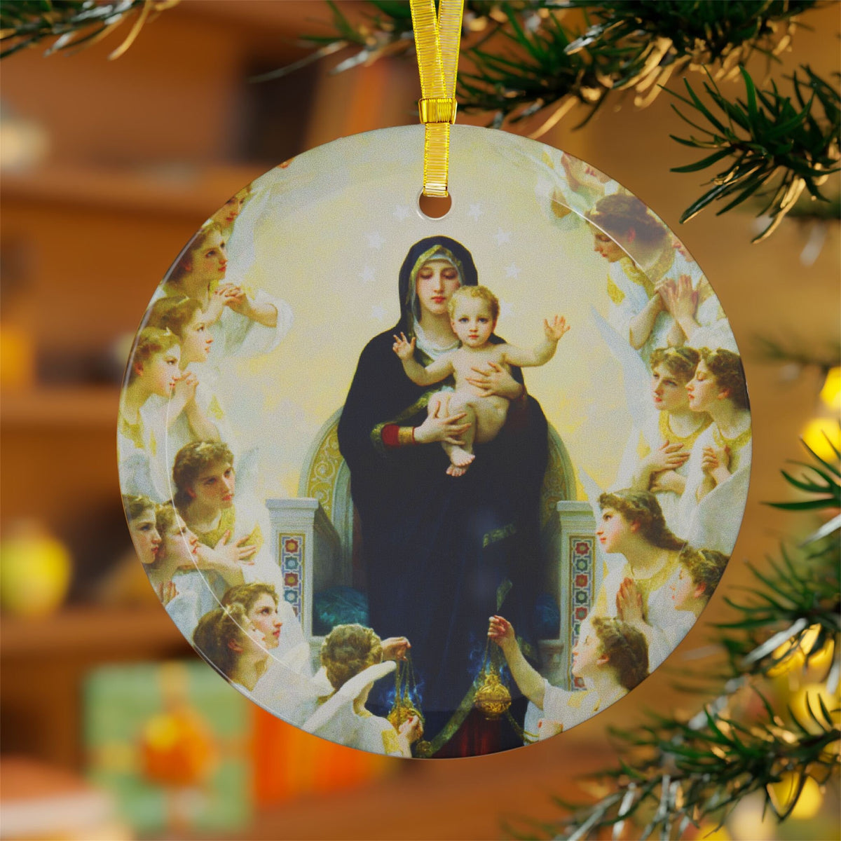 Mary Queen of Angels Glass Ornament, Catholic Christmas Ornament Gift for mom dad grandma, Virgin Mary Mother of God Art
